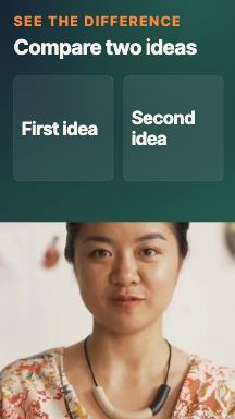 Comparison card with two columns, first idea and second idea, above a speaker