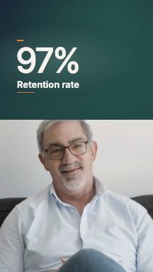Stat callout graphic reading 97% retention rate, above a speaker in a vertical frame