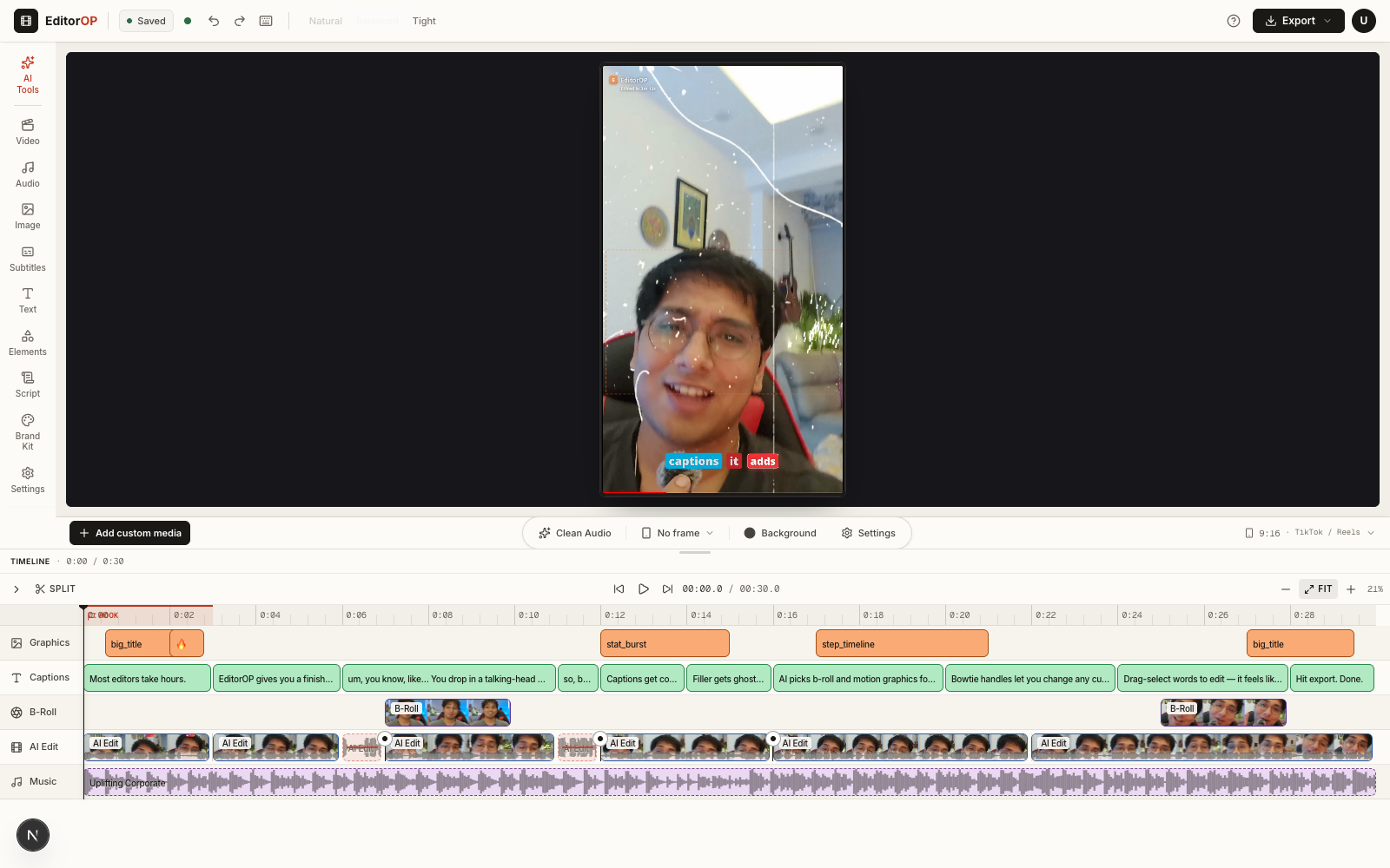 EditorOP after the AI first cut: a vertical talking-head preview with word-level captions, above a timeline with graphics, captions, B-roll, AI edit and music tracks